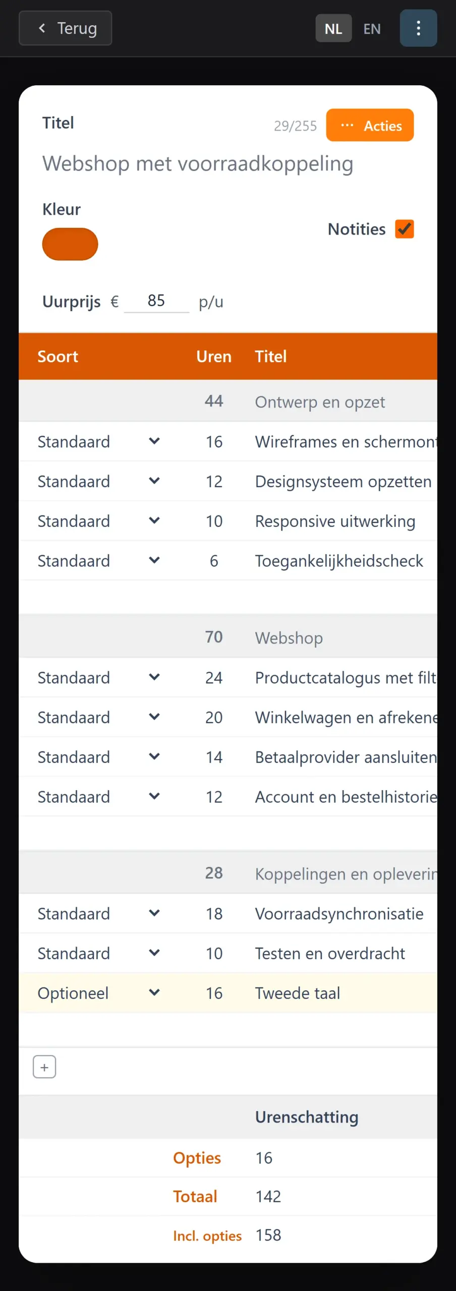 Een ingevulde urenschatting in UrenCalculatie op een telefoon.