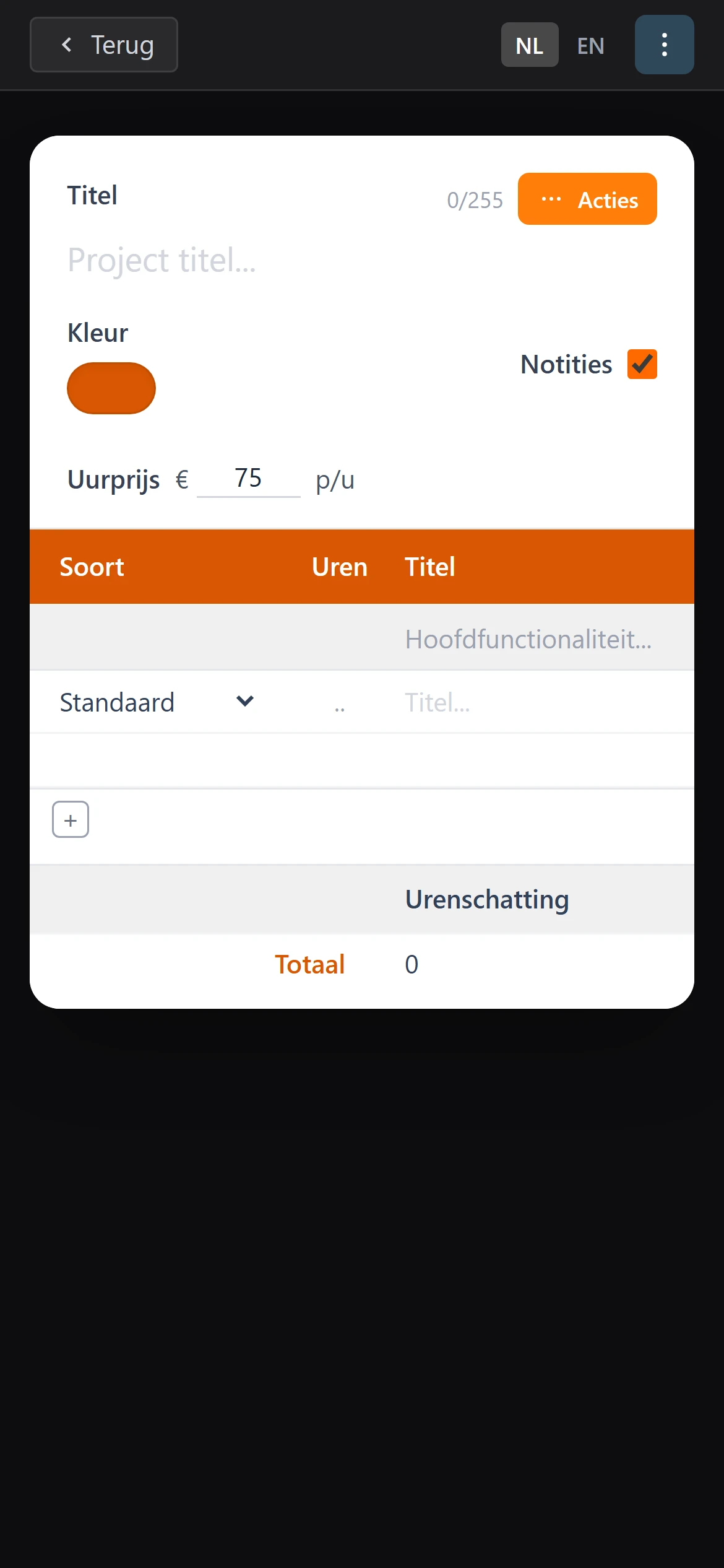 Een lege urenschatting in UrenCalculatie op een telefoon.