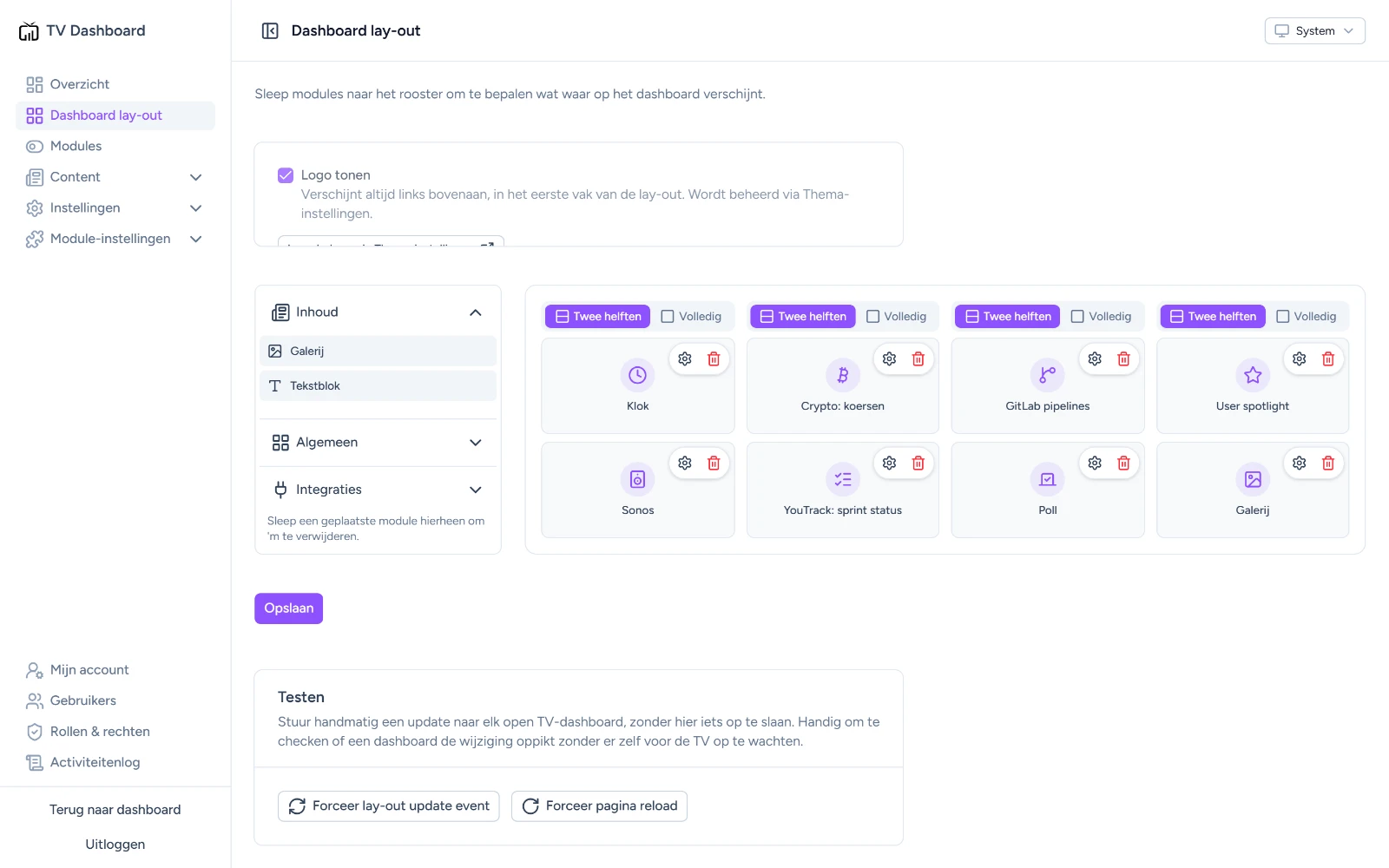 De lay-out-editor van het TV Dashboard, waar de blokken over het raster worden verdeeld.