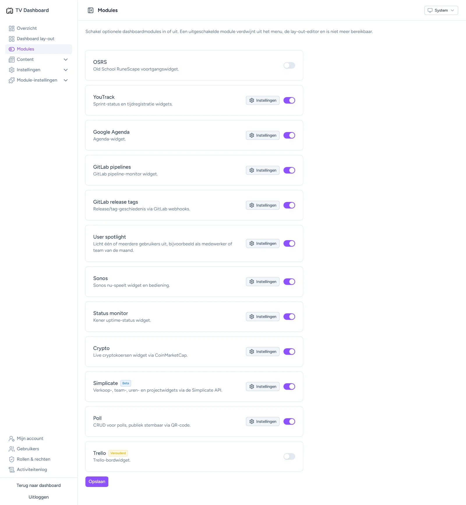 Het modulescherm van het TV Dashboard, waar per installatie wordt bepaald welke blokken meedoen.