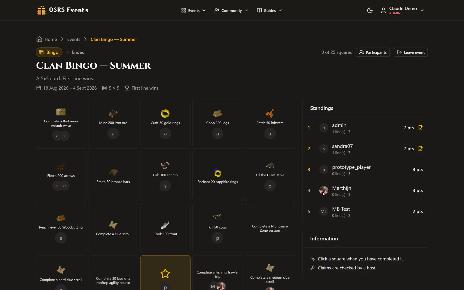 Een bingobord in OSRS Events, met de vakjes die een clan kan afstrepen.