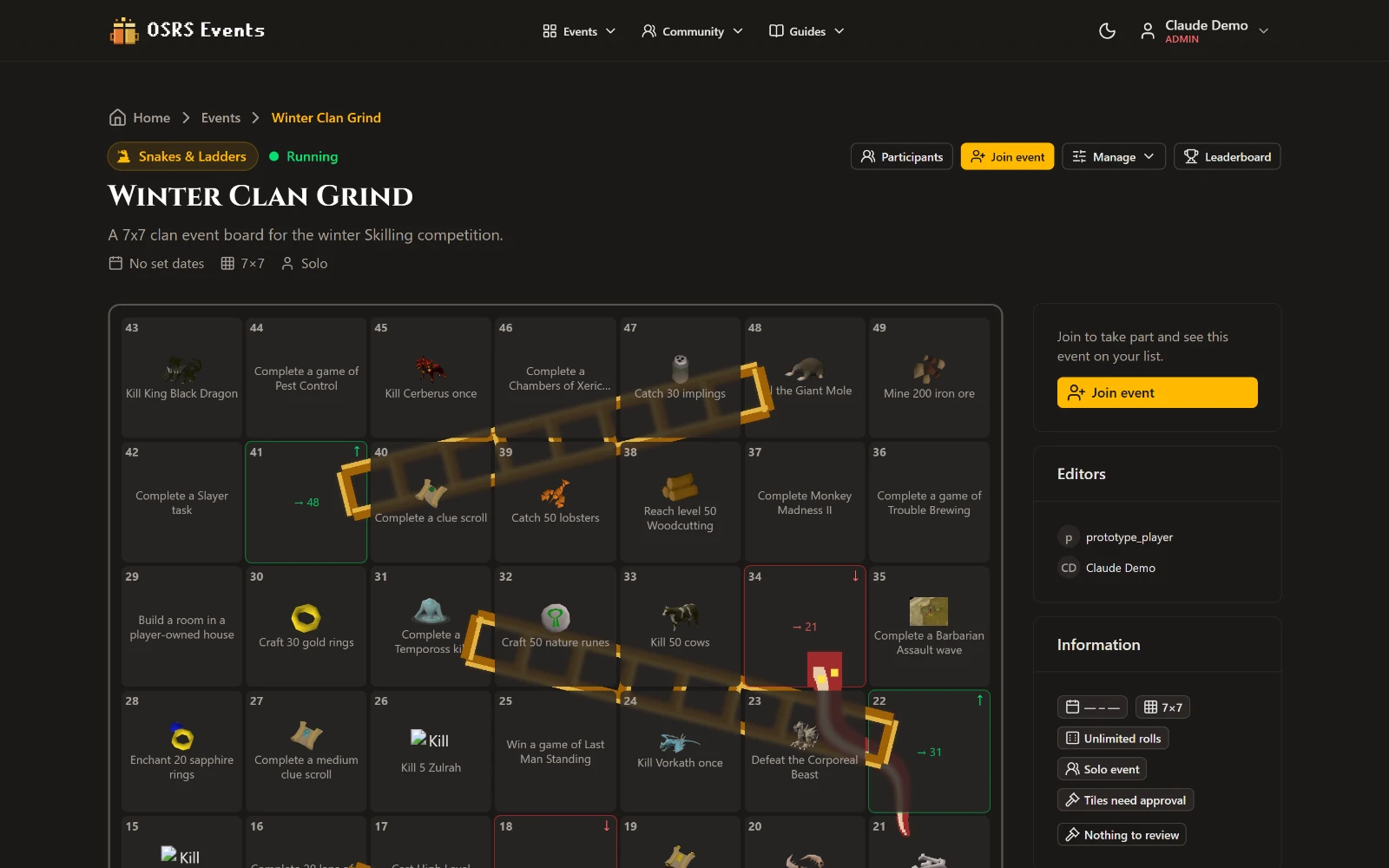 Een eventbord in OSRS Events, met de tussenstand van de deelnemers.