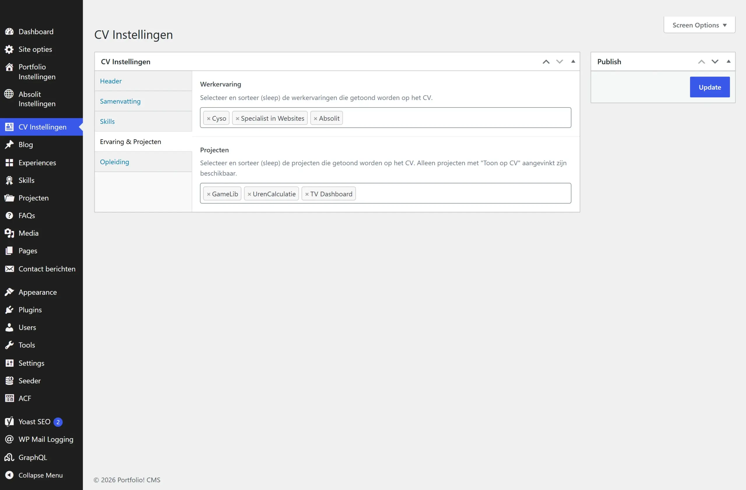 De CV-instellingen in het CMS, waar je kiest welke projecten op het cv komen.