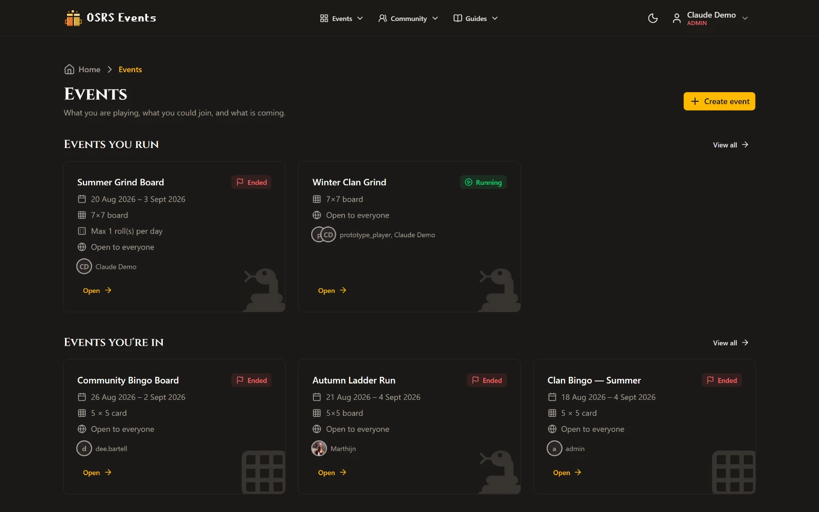 Het evenementenoverzicht van OSRS Events op een breed scherm.