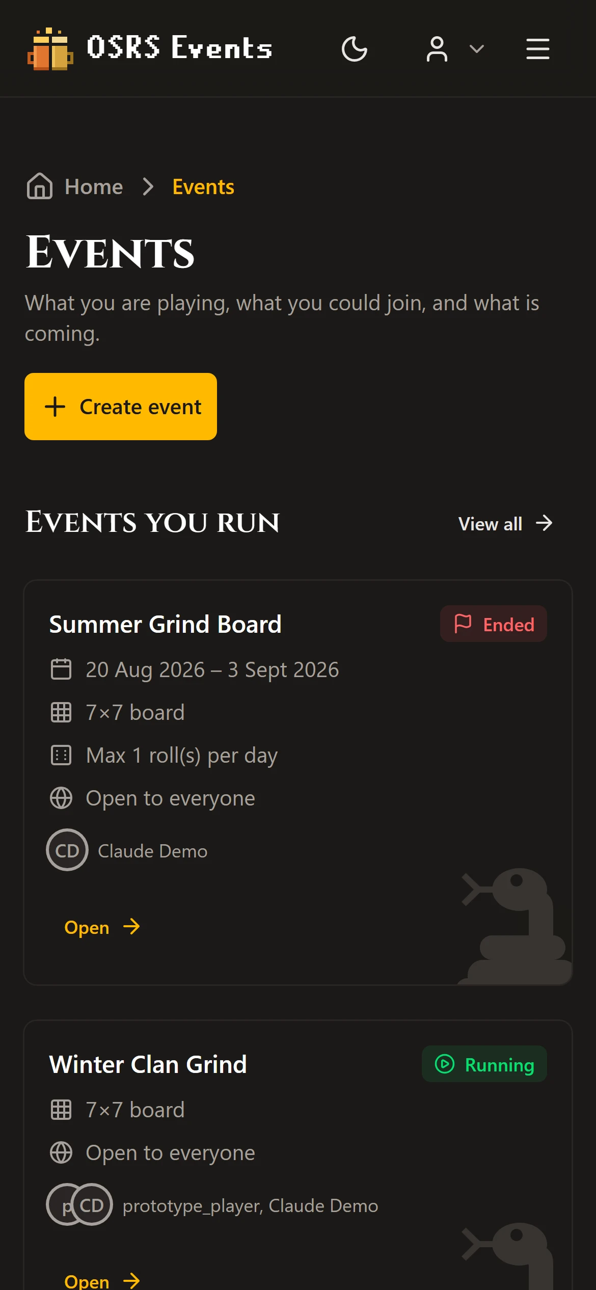 Het evenementenoverzicht van OSRS Events op een telefoon.