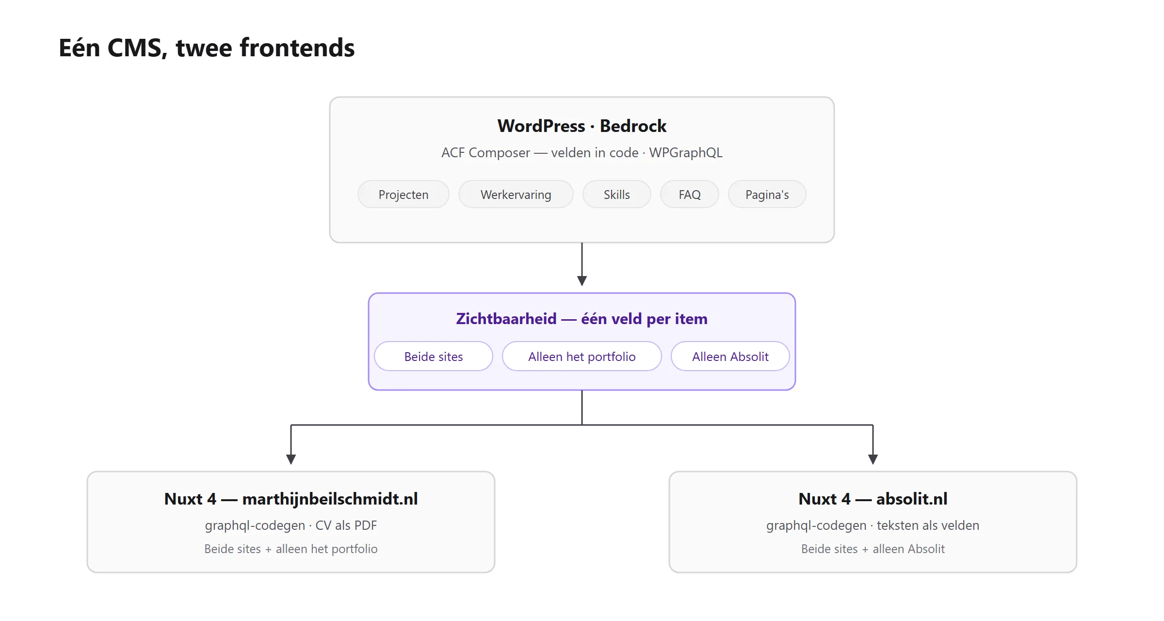 Schema van de opzet: een headless WordPress met twee frontends erop.