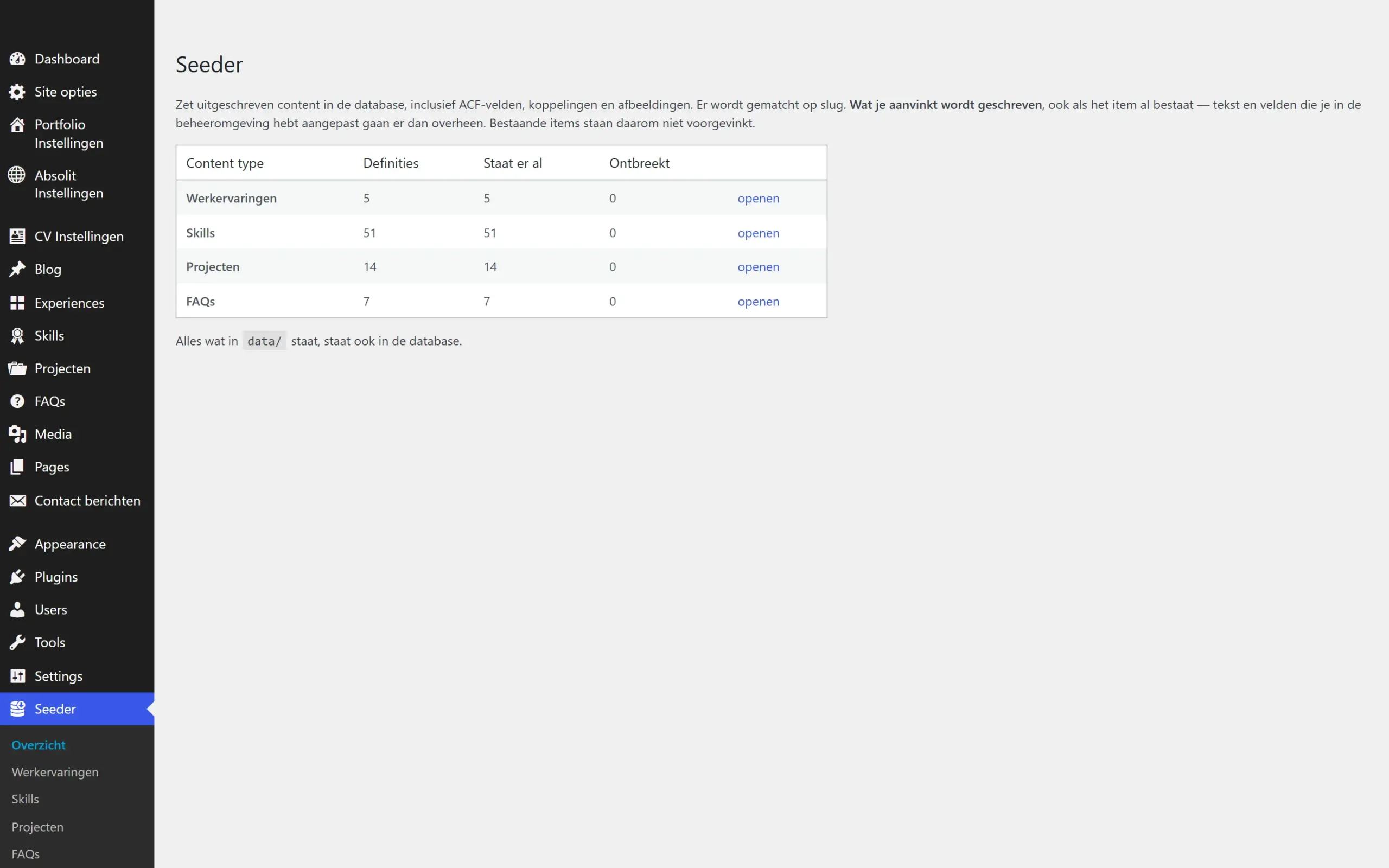 De Seeder-pagina in het CMS, die uitgeschreven content in de database zet.